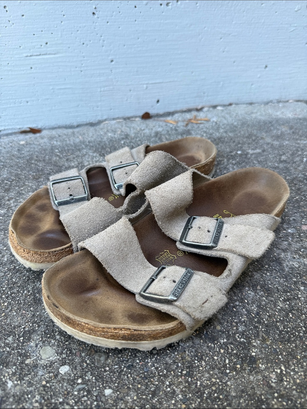 Birkenstock Arizona Suede Double Buckle Sandals in Light Taupe